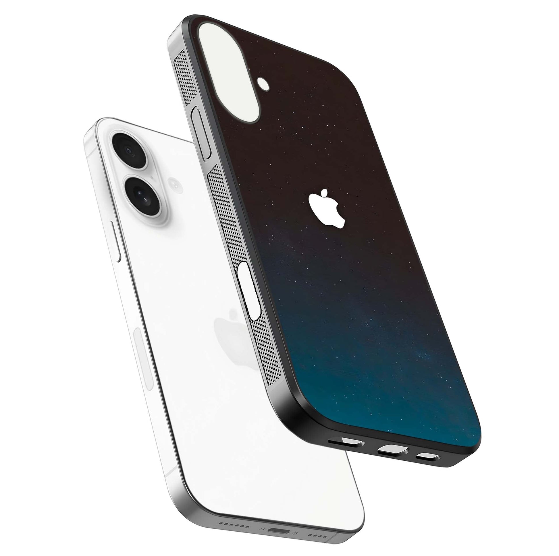Green Emerald Apple Logo Glass Case for iPhone 17 floating dual-view mockup showing glossy shine and premium color tone