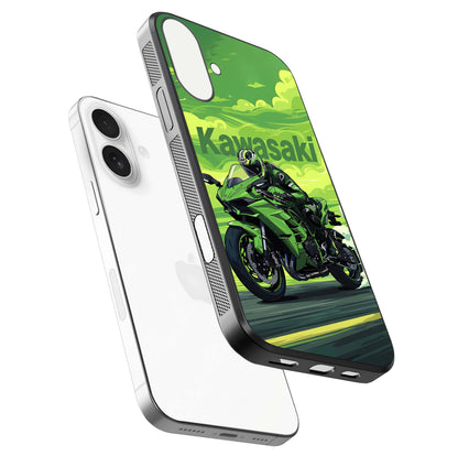 Green Kawasaki Glass Case for iPhone 17 floating dual-view mockup showing gloss surface and power-bike theme