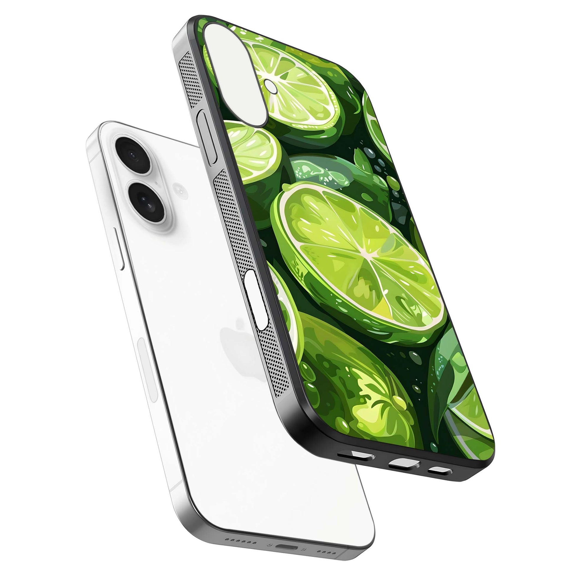 Green Lemon Glass Case for iPhone 17 floating dual-view mockup showing glossy surface and fruity freshness