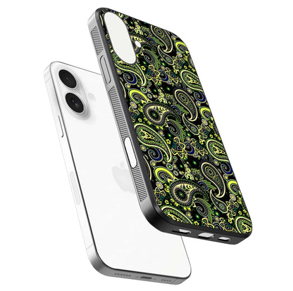 Green Mandala Pattern Glass Case for iPhone 17 floating dual-view mockup showing gloss texture and symmetry shine