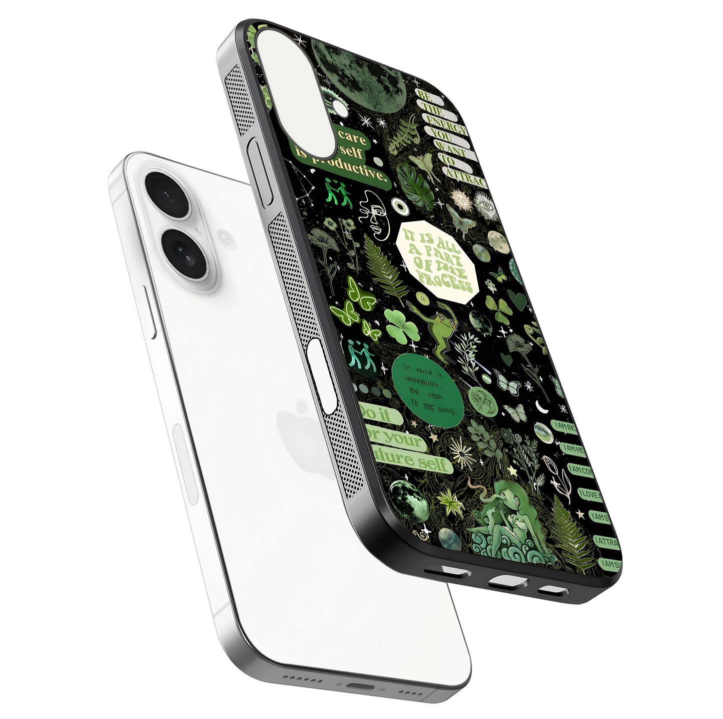 Green Moon Energy Glass Case for iPhone 17 floating dual-view mockup showing glossy texture and energy aura