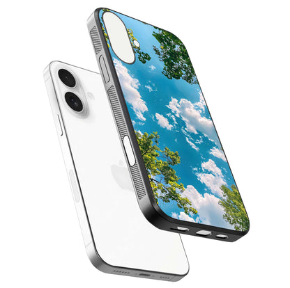 Greenery Sky Glass Case for iPhone 17 floating dual-view mockup showing glossy shine and soft natural tones