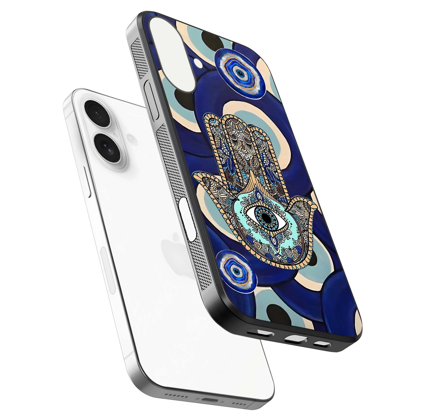 Hamsa Divine Guard Glass Case for iPhone 17 floating dual-view mockup showing gloss shine and mystical pattern