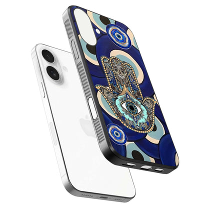 Hamsa Divine Guard Glass Case for iPhone 17 floating dual-view mockup showing gloss shine and mystical pattern