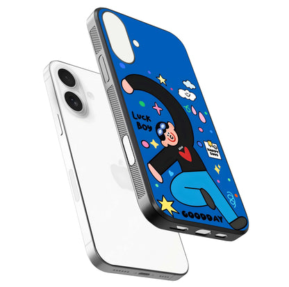 Happy Luck Vibe Glass Case for iPhone 17 floating dual-view mockup showing glossy tone and bright finish