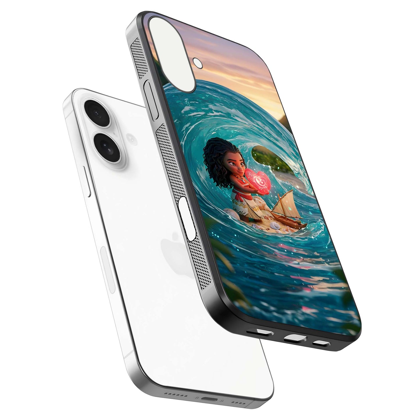 Heart of Ocean Glass Case for iPhone 17 floating dual-view mockup showing gloss surface and aquatic design