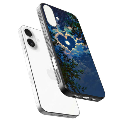 Heart with Moon Sky Glass Case for iPhone 17 floating dual-view mockup showing gloss texture and romantic sky glow