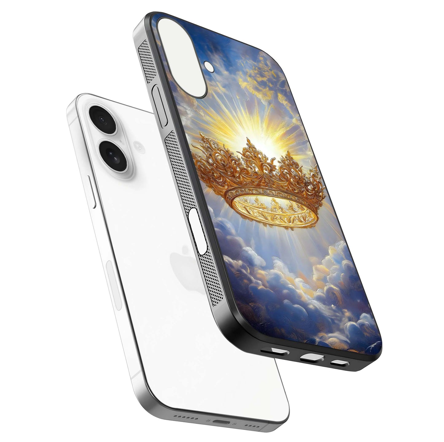 Heavenly Crown Light Glass Case for iPhone 17 floating dual-view mockup showing gloss shine and luminous crown texture