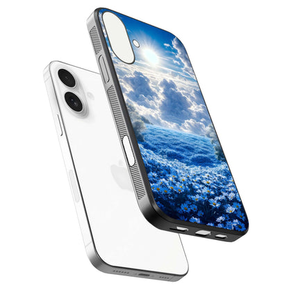 Heavenly Daisy Horizon Glass Case for iPhone 17 floating dual-view mockup showing gloss polish and soft pastel background