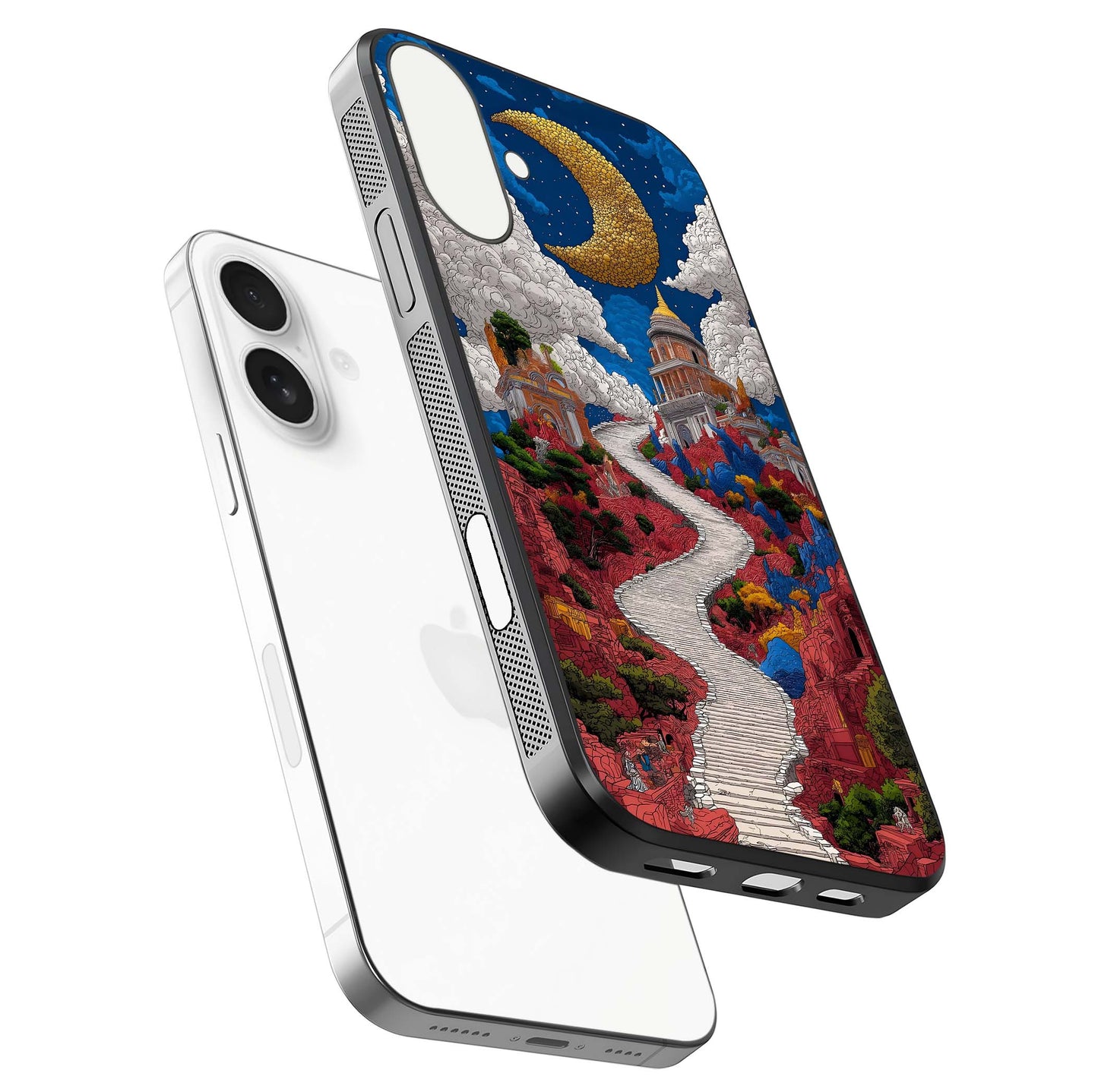 Heavenly Moon Path Glass Case for iPhone 17 floating dual-view mockup showing gloss surface and celestial pathway