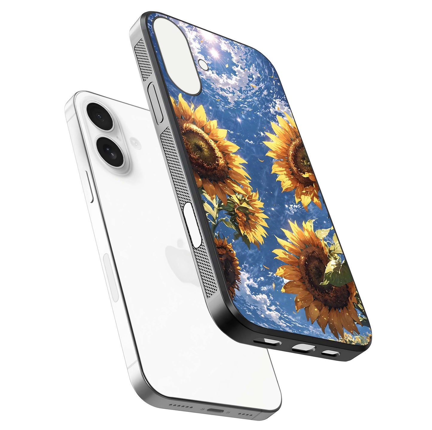 Heavenly Sunflower Rise Glass Case for iPhone 17 floating dual-view mockup showing gloss brightness and morning-light feel