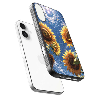 Heavenly Sunflower Rise Glass Case for iPhone 17 floating dual-view mockup showing gloss brightness and morning-light feel