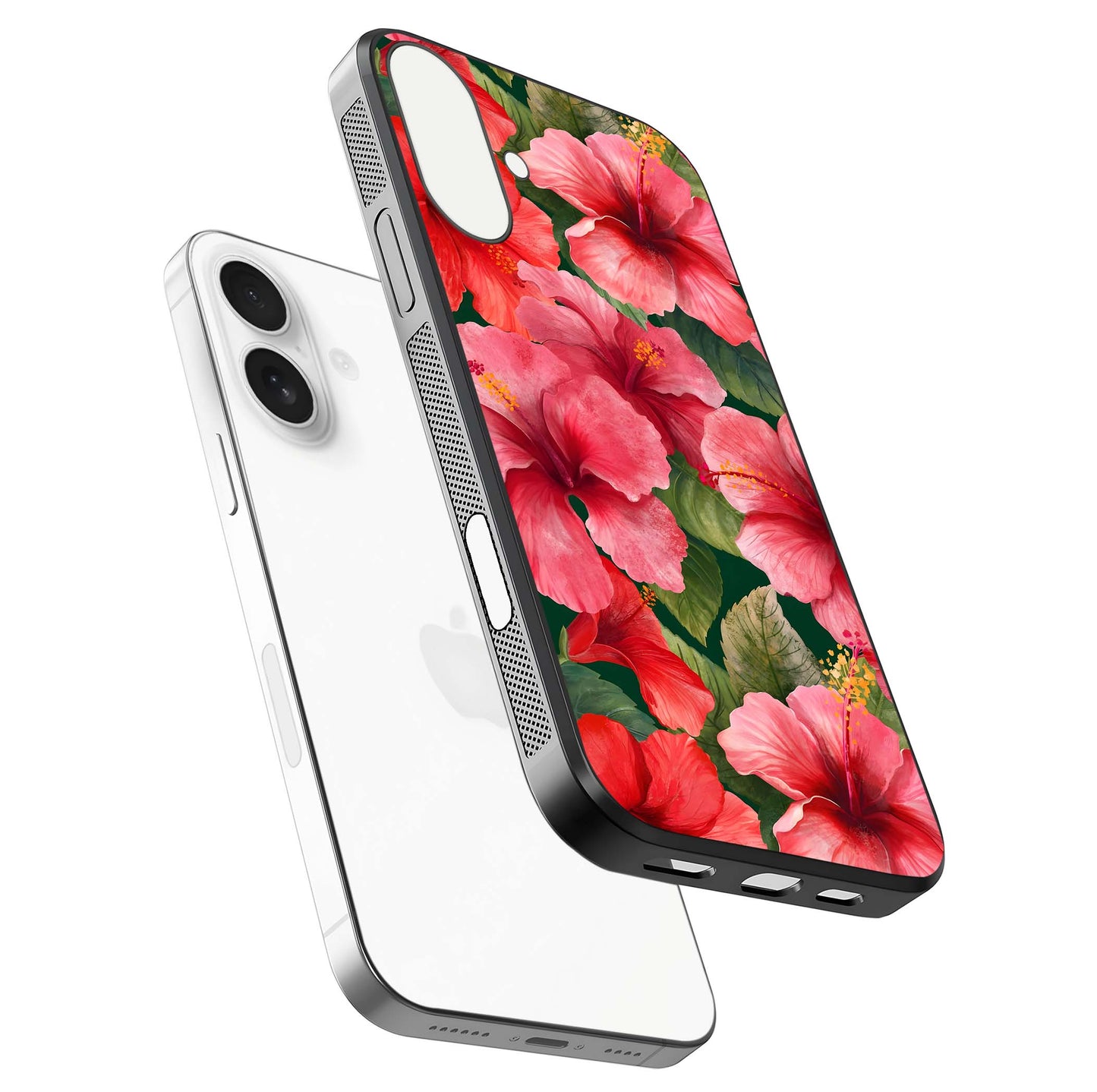 Hibiscus Pattern Glass Case for iPhone 17 floating dual-view mockup showing glossy texture and vivid color depth