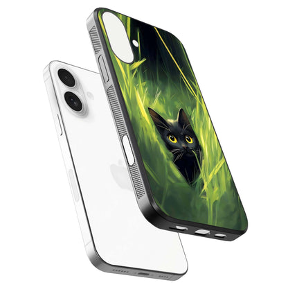 Hidden Cat Whisper Glass Case for iPhone 17 floating dual-view mockup showing glossy tone and elegant cat silhouette