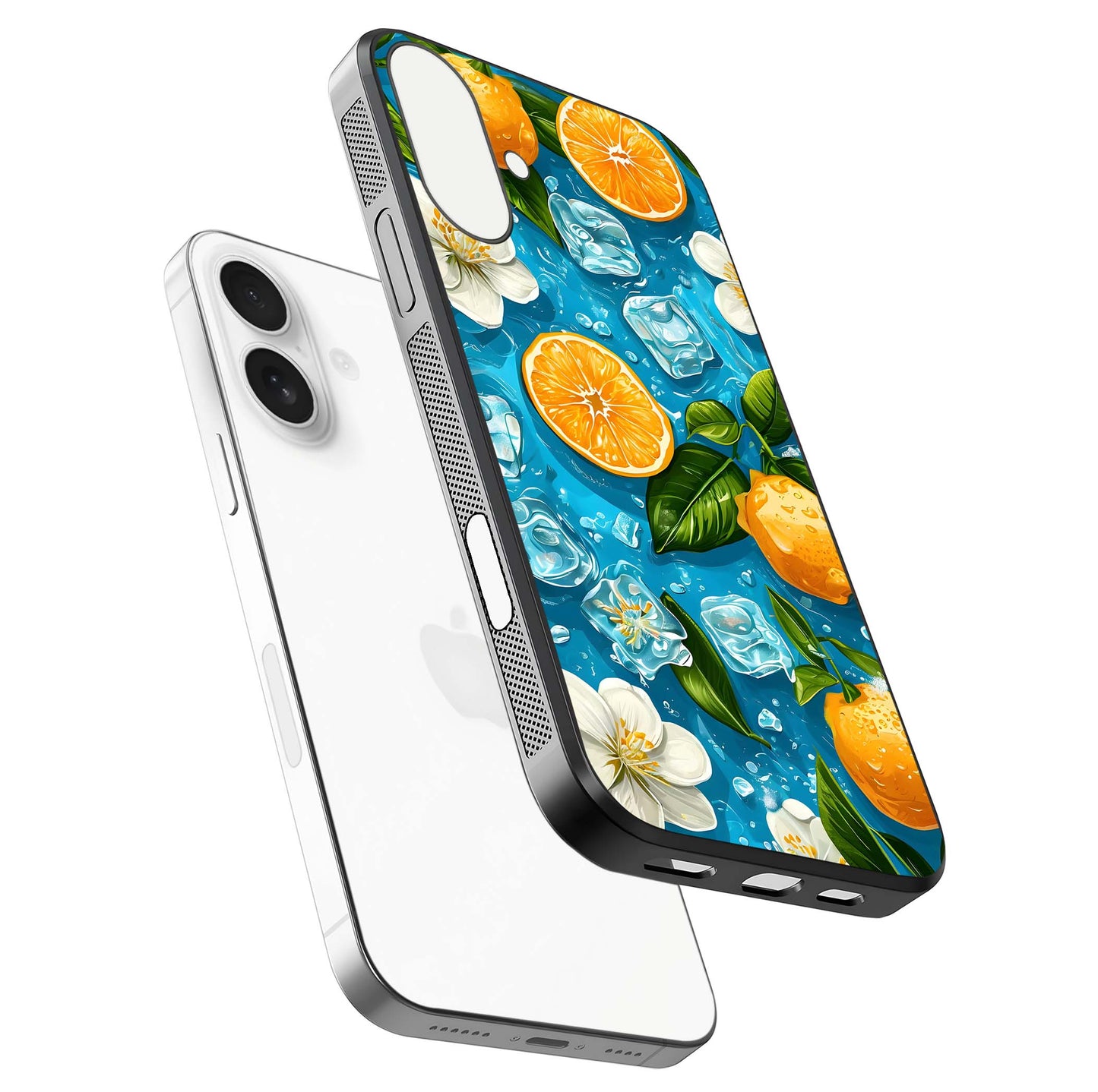 Ice Cube With Orange Glass Case for iPhone 17 floating dual-view mockup showing glossy shine and cool refreshing tone