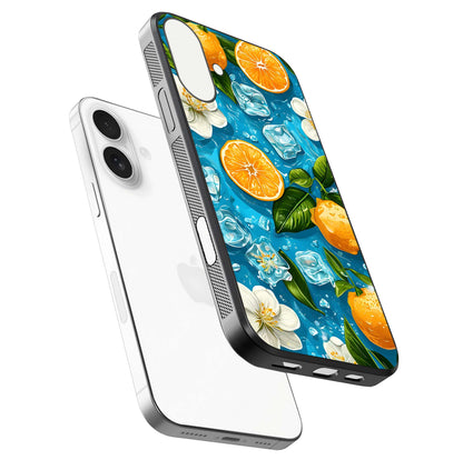Ice Cube With Orange Glass Case for iPhone 17 floating dual-view mockup showing glossy shine and cool refreshing tone