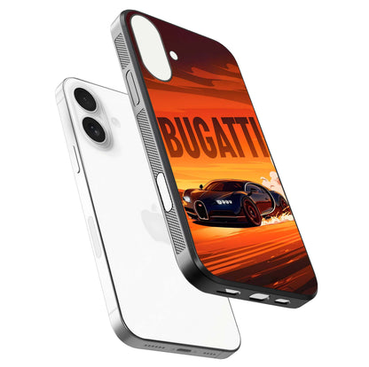 Inferno Bugatti Storm Glass Case for iPhone 17 floating dual-view mockup showing gloss surface and racing energy