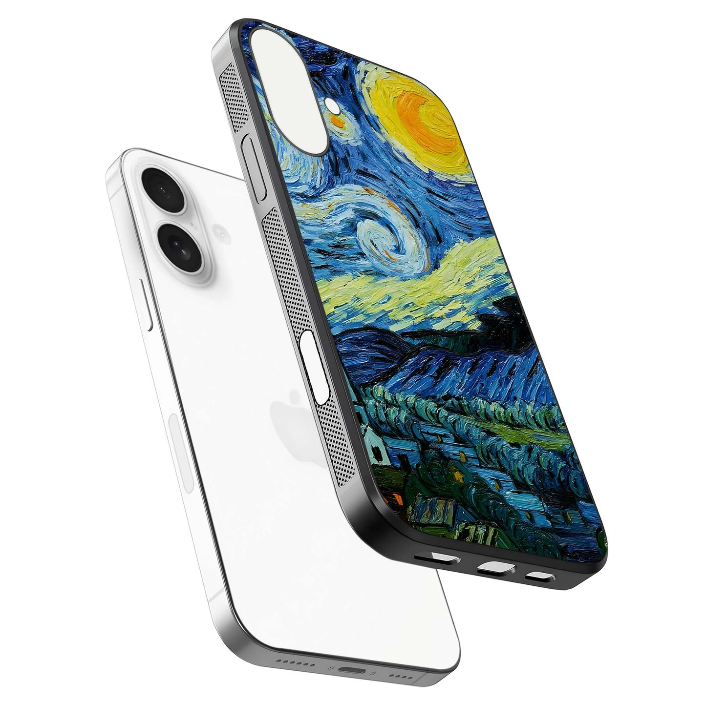 Inspired Van Gogh Art Glass Case for iPhone 17 floating dual-view mockup showing gloss depth and artistic reflection