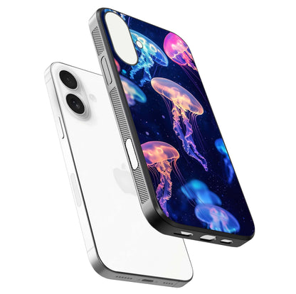 Jellyfish Pattern Glass Case for iPhone 17 floating dual-view mockup showing gloss texture and oceanic depth