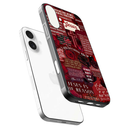 Jesus Love Heals Glass Case for iPhone 17 floating dual-view mockup showing glossy shine and faith-inspired art