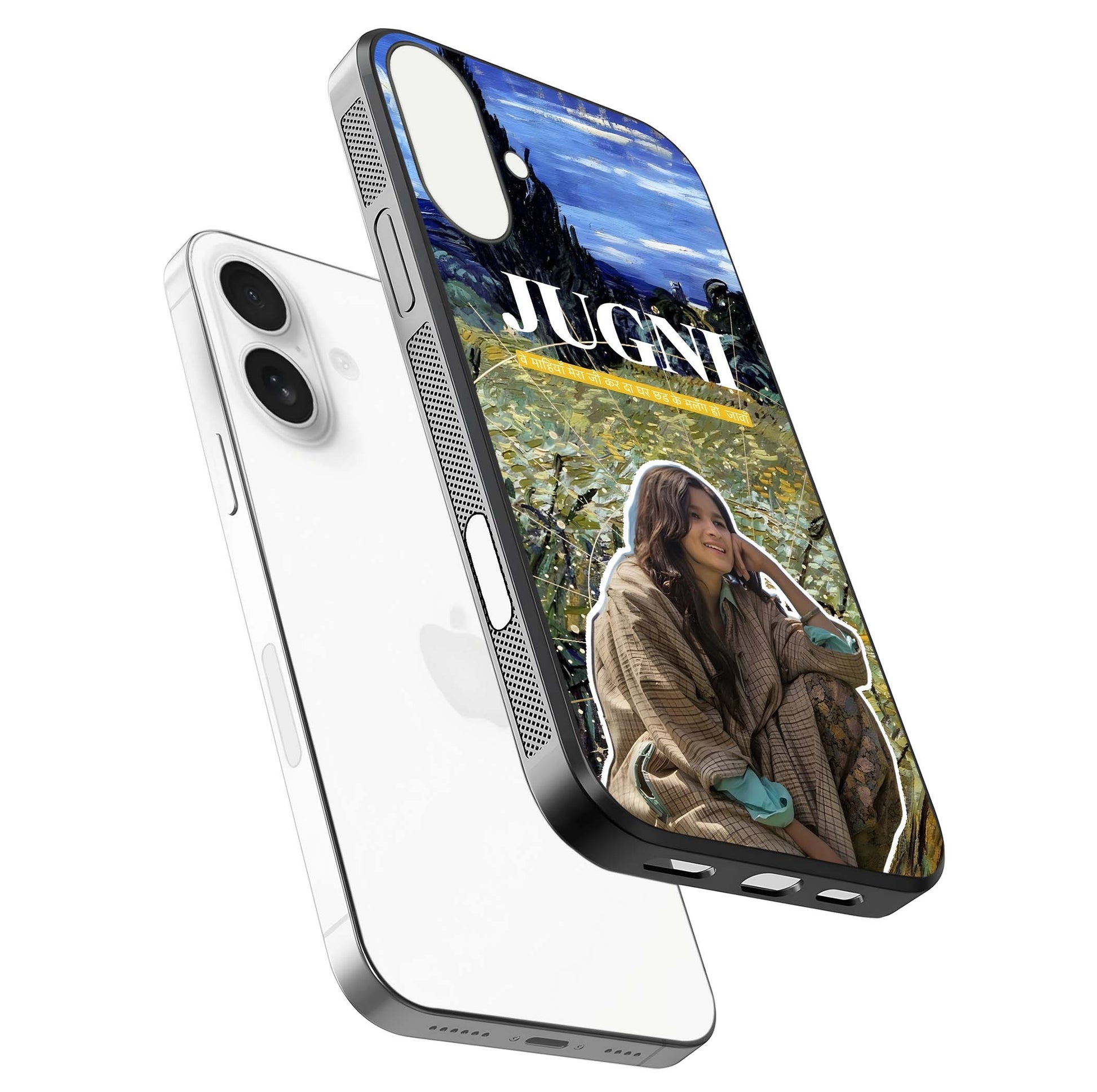 Jugni Soul Vibes Glass Case for iPhone 17 floating dual-view mockup showing gloss surface and vivid design style