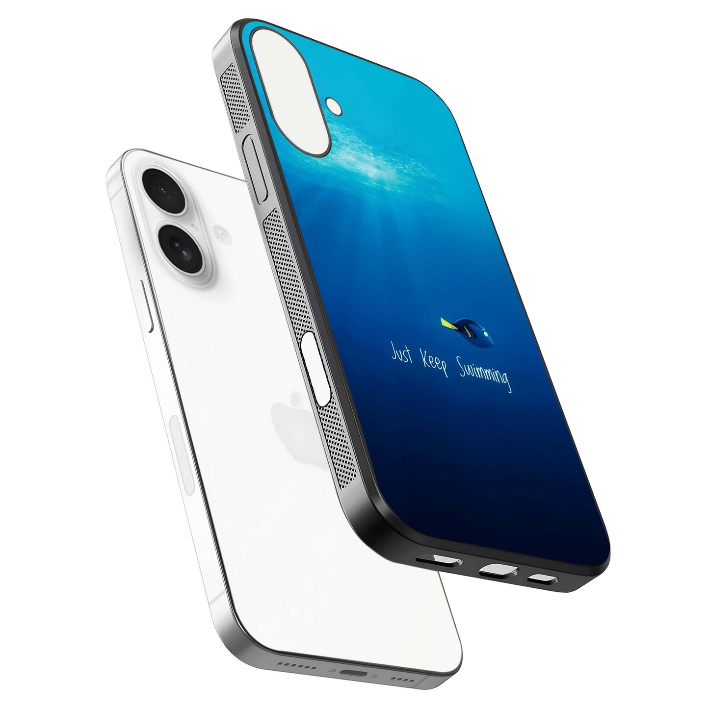 Just Keep Swimming Glass Case for iPhone 17 floating dual-view mockup showing gloss brightness and wave motif