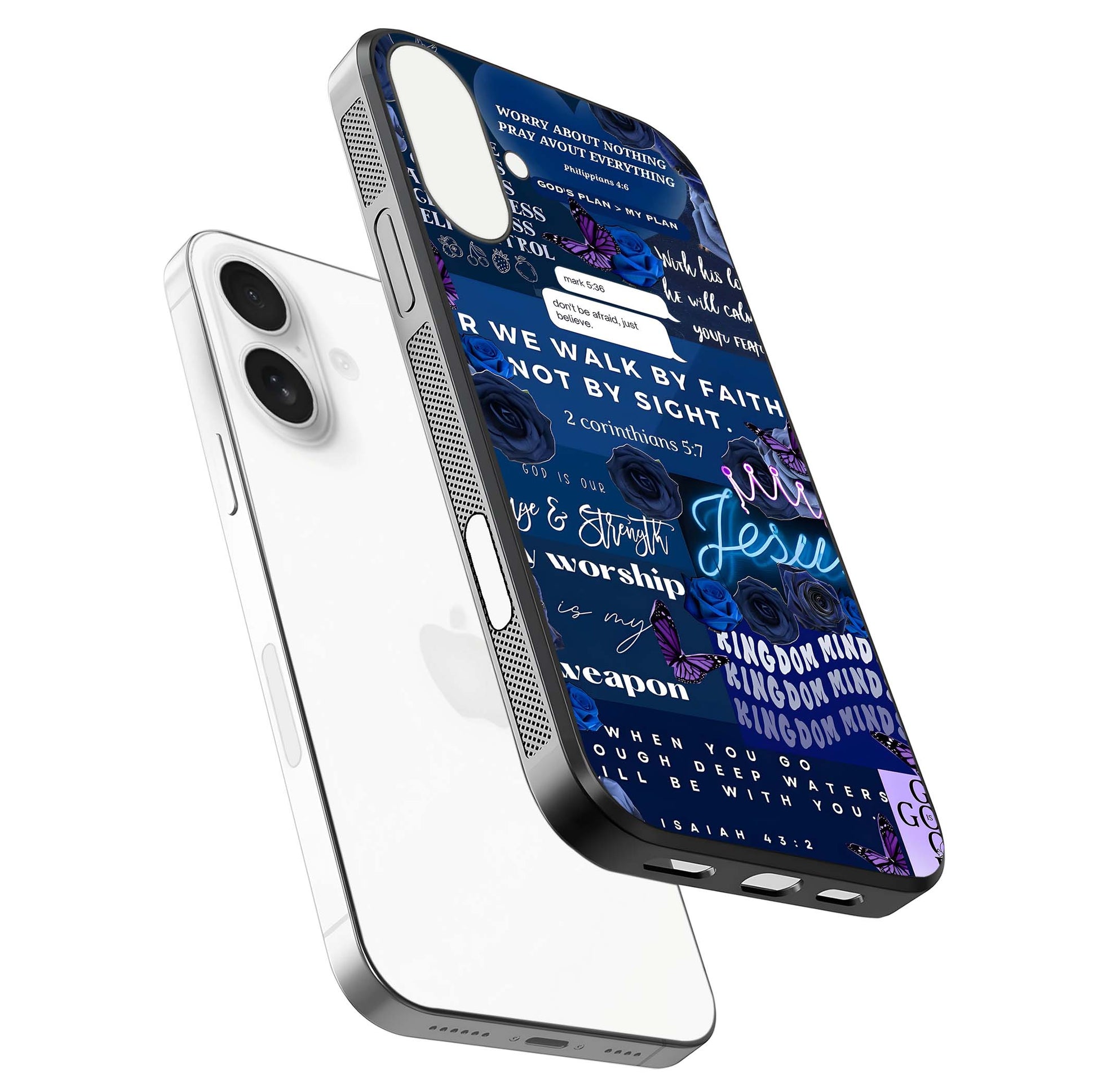 Kingdom Faith Glow Glass Case for iPhone 17 floating dual-view mockup showing premium gloss and golden aura
