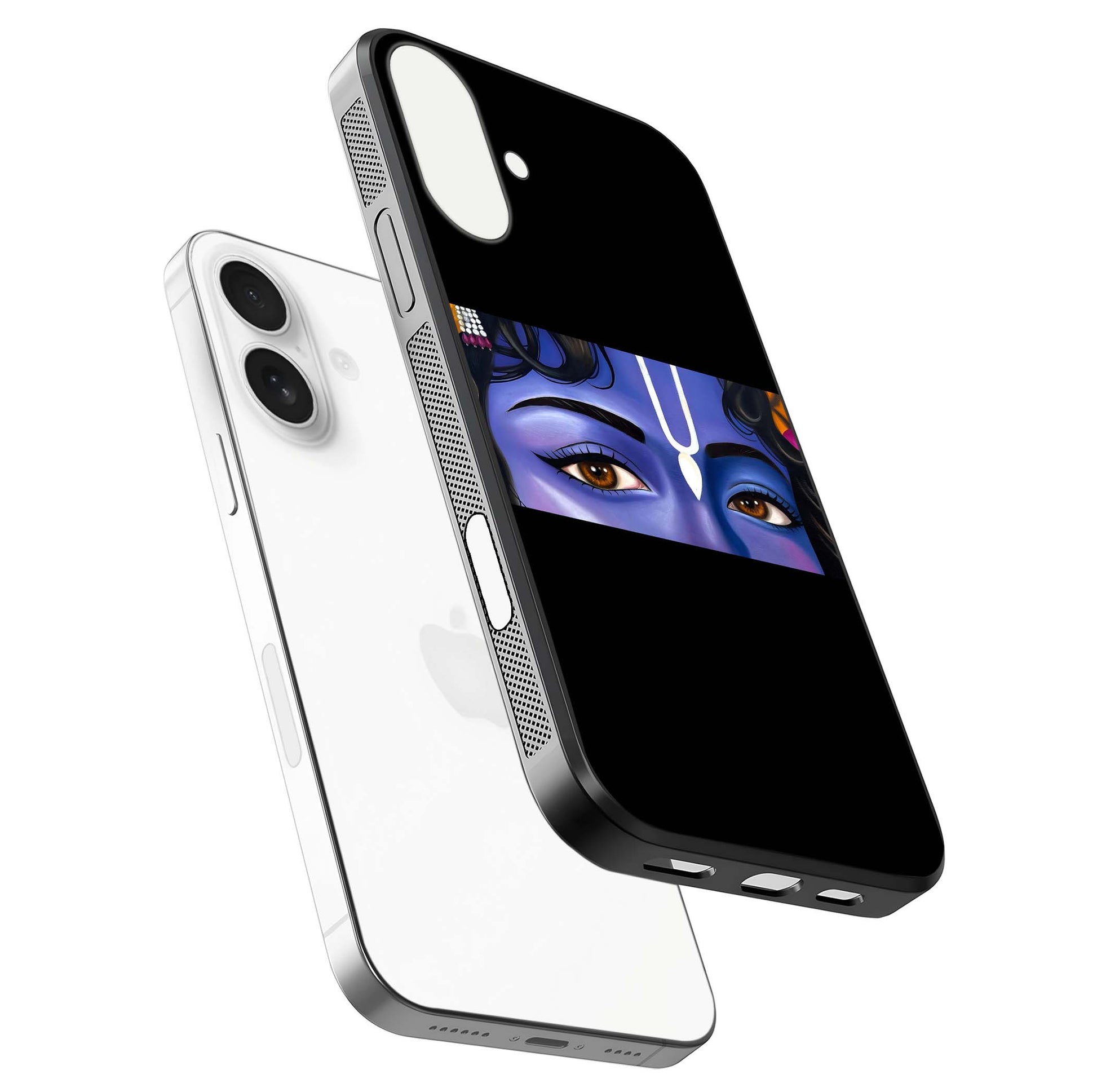 Krishna Eye Glass Case for iPhone 17 floating dual-view mockup showing gloss surface and divine art depth