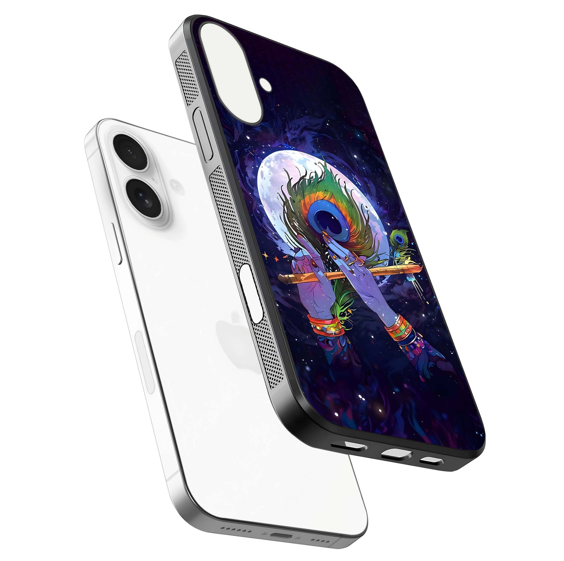 Krishna Hands Art Glass Case for iPhone 17 floating dual-view mockup showing premium gloss reflection