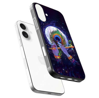 Krishna Hands Art Glass Case for iPhone 17 floating dual-view mockup showing premium gloss reflection