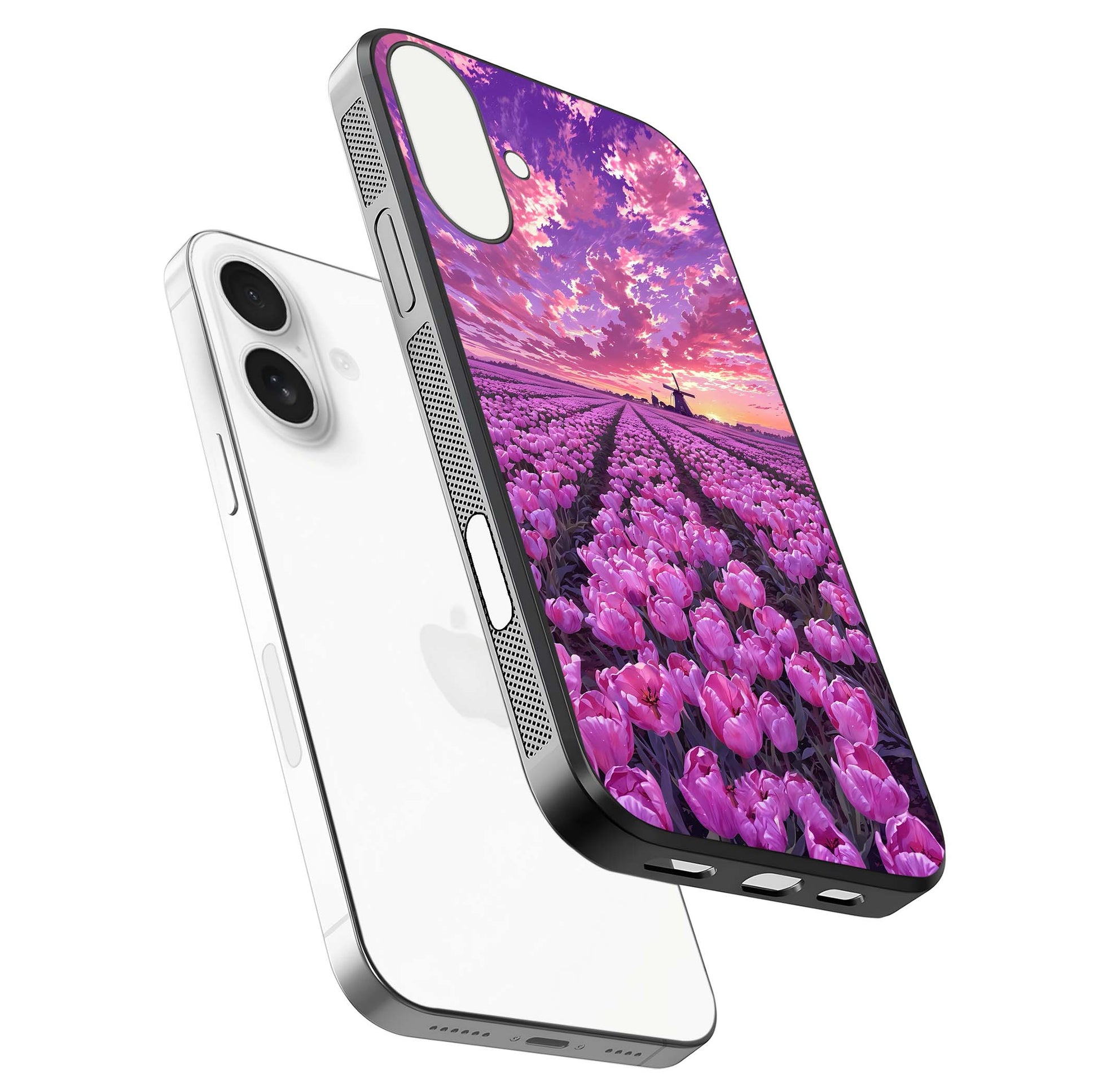 Lavender Dream Skies Glass Case for iPhone 17 floating dual-view mockup showing gloss polish and pastel design