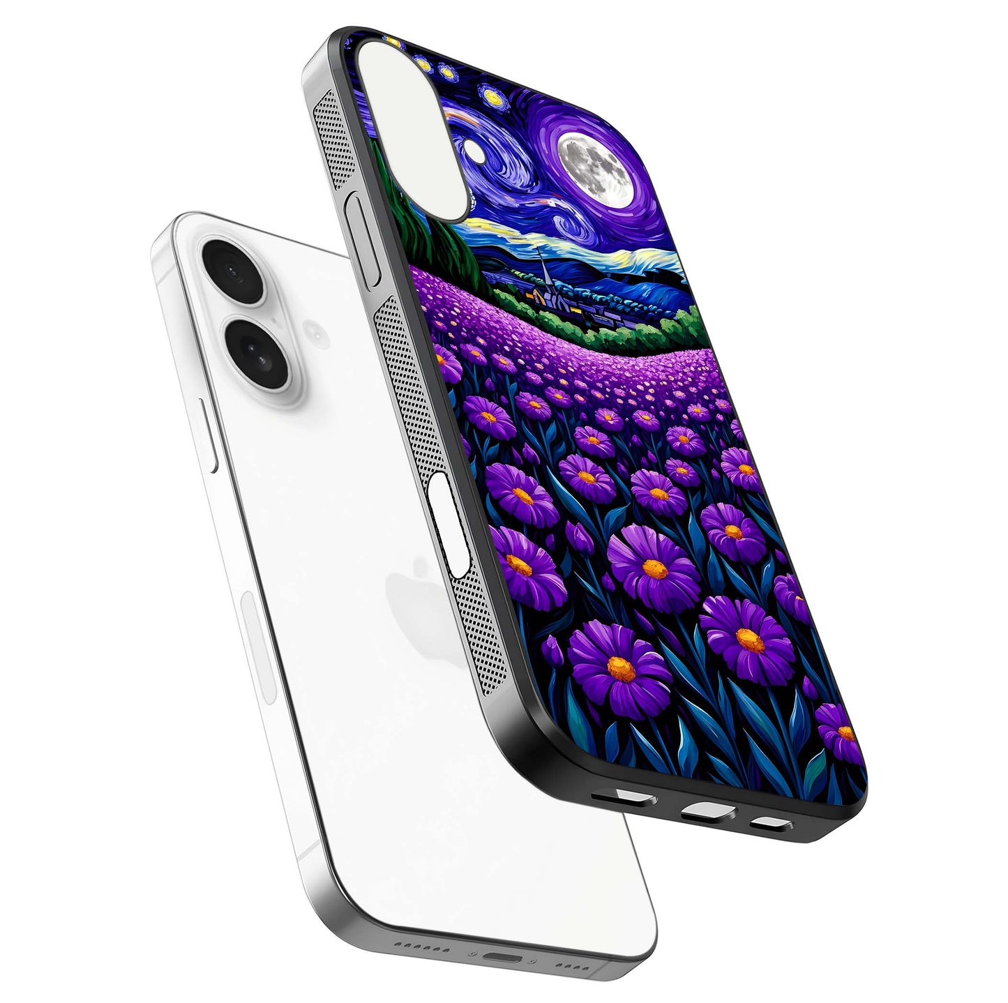 Lavender Moon Field Glass Case for iPhone 17 floating dual-view mockup showing gloss surface and floral glow