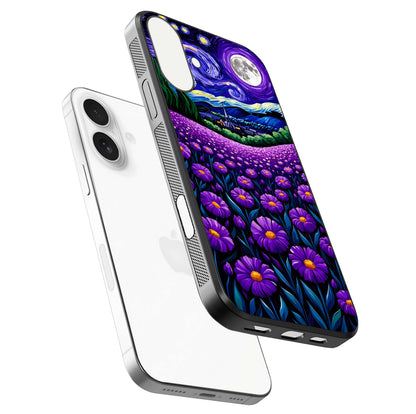 Lavender Moon Field Glass Case for iPhone 17 floating dual-view mockup showing gloss surface and floral glow