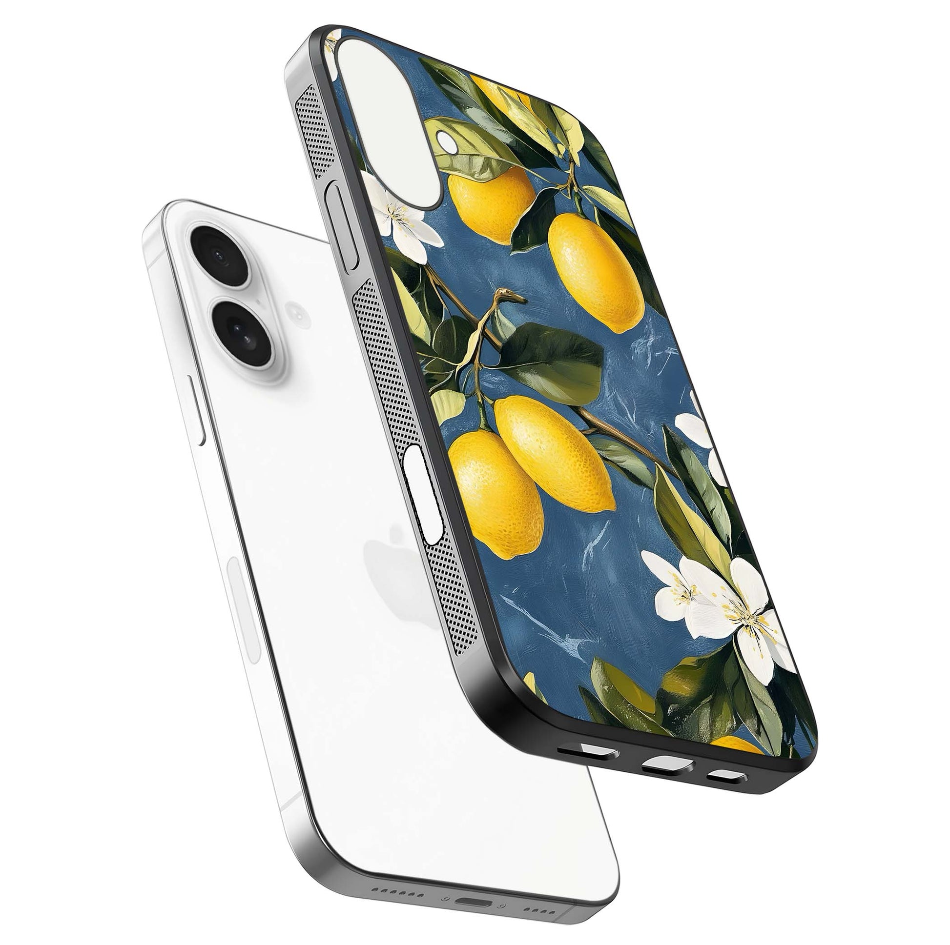 Lemon Dream Garden Glass Case for iPhone 17 floating dual-view mockup showing gloss brightness and vivid yellow print