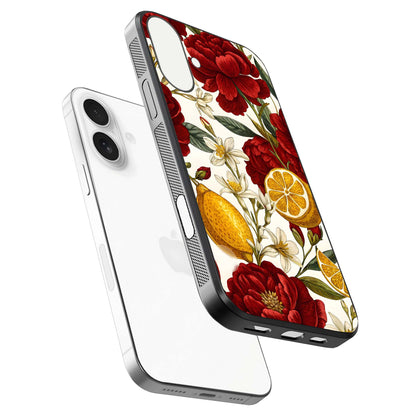 Lemon Rose Charm Glass Case for iPhone 17 floating dual-view mockup showing gloss polish and floral gradient