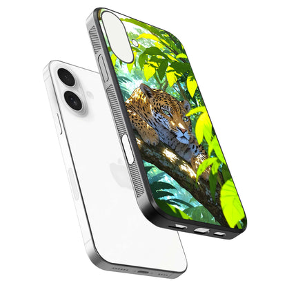 Leopard in Jungle Glass Case for iPhone 17 floating dual-view mockup showing gloss finish and HD wild pattern
