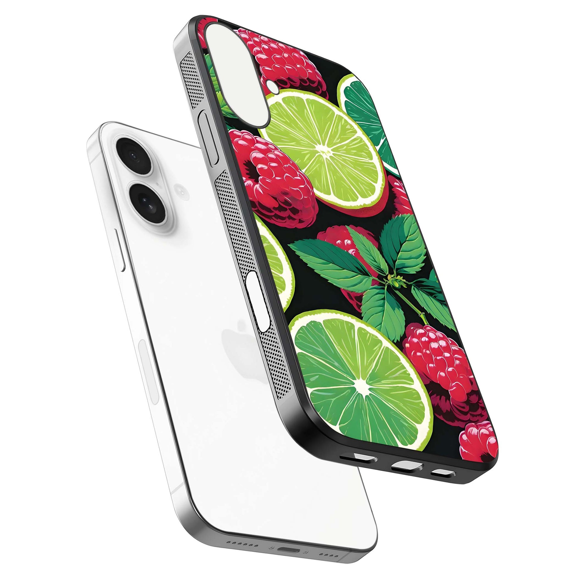 Lime and Raspberry Pattern Glass Case for iPhone 17 floating dual-view showing HD gloss and vivid print