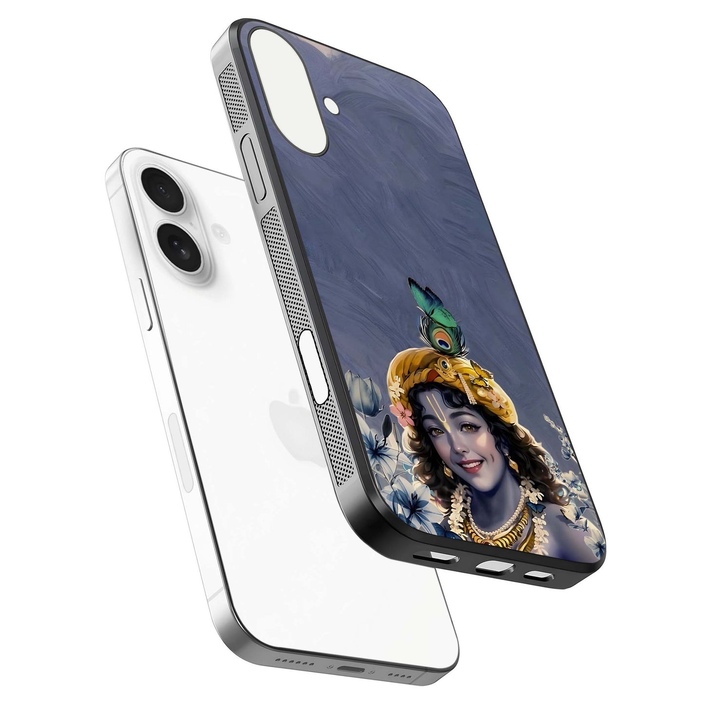 Lord Krishna Glass Case for iPhone 17 floating dual-view showing glossy shine and divine artistic pattern