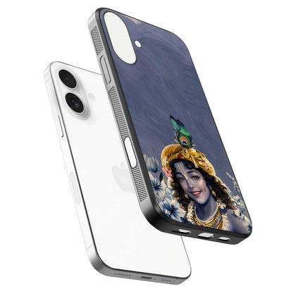 Lord Krishna Glass Case for iPhone 17 floating dual-view showing glossy shine and divine artistic pattern