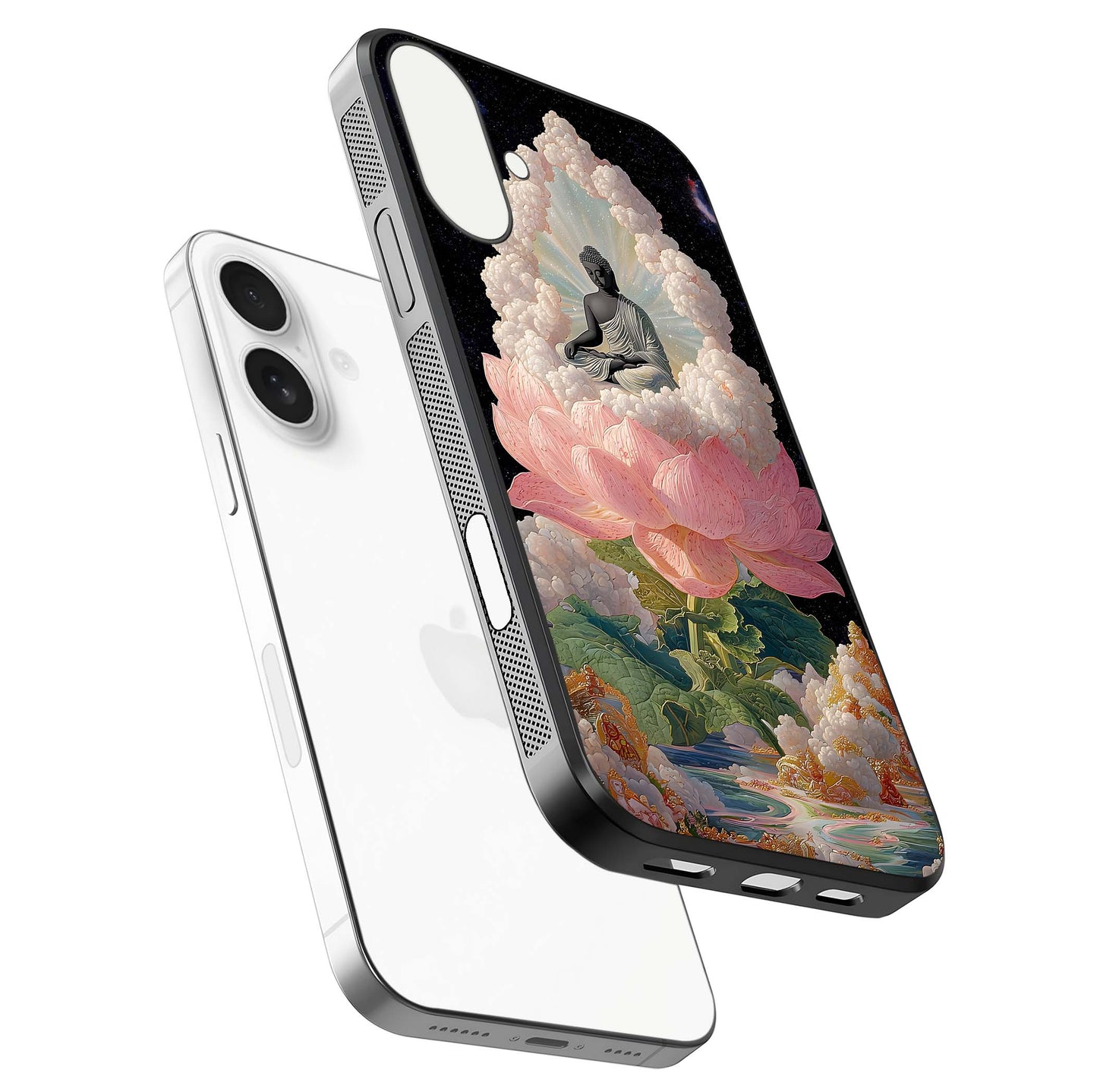 Lotus Divine Peace Glass Case for iPhone 17 floating dual-view mockup with glass glow and spiritual calm art