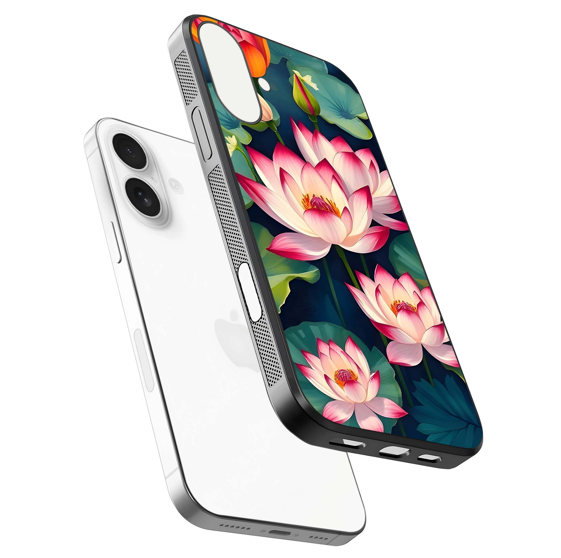 Lotus Dream Serenity Glass Case for iPhone 17 floating dual-view mockup highlighting HD gloss glow
