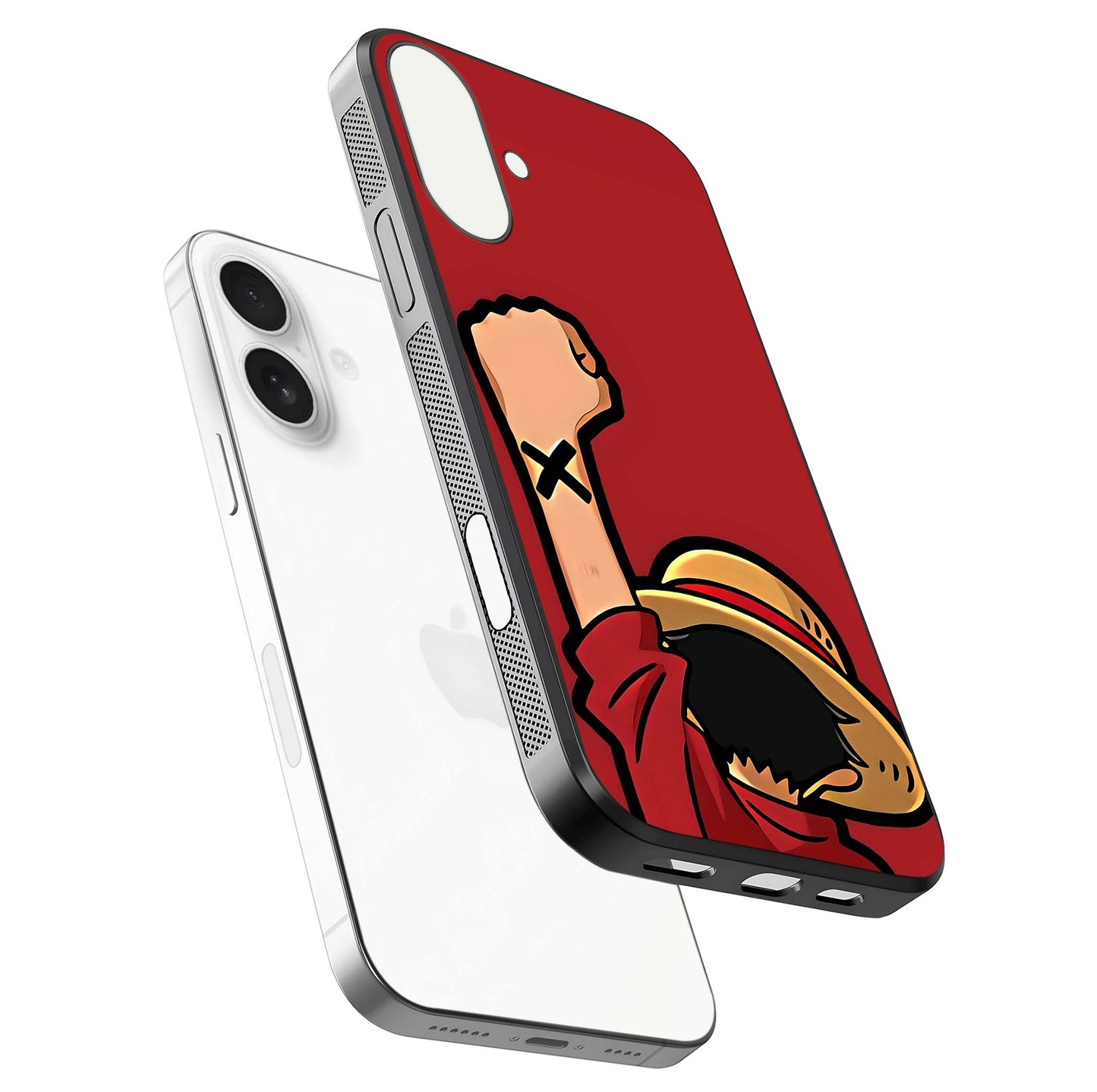 Luffy X Spirit Glass Case for iPhone 17 floating dual-view mockup showing gloss polish and vibrant color depth