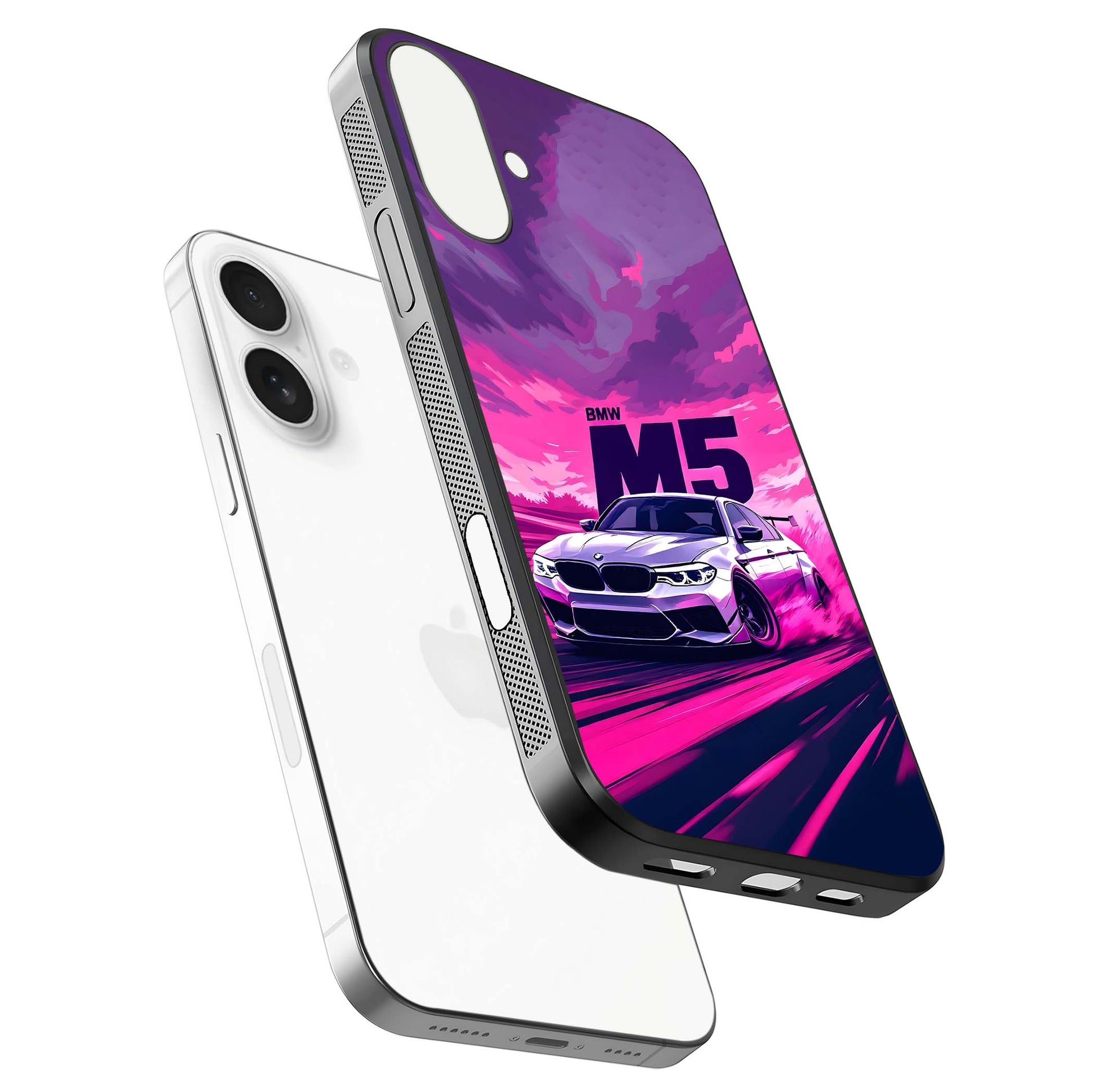 MS Neon Car Glass Case for iPhone 17 floating dual-view mockup showing HD gloss and electric color tones
