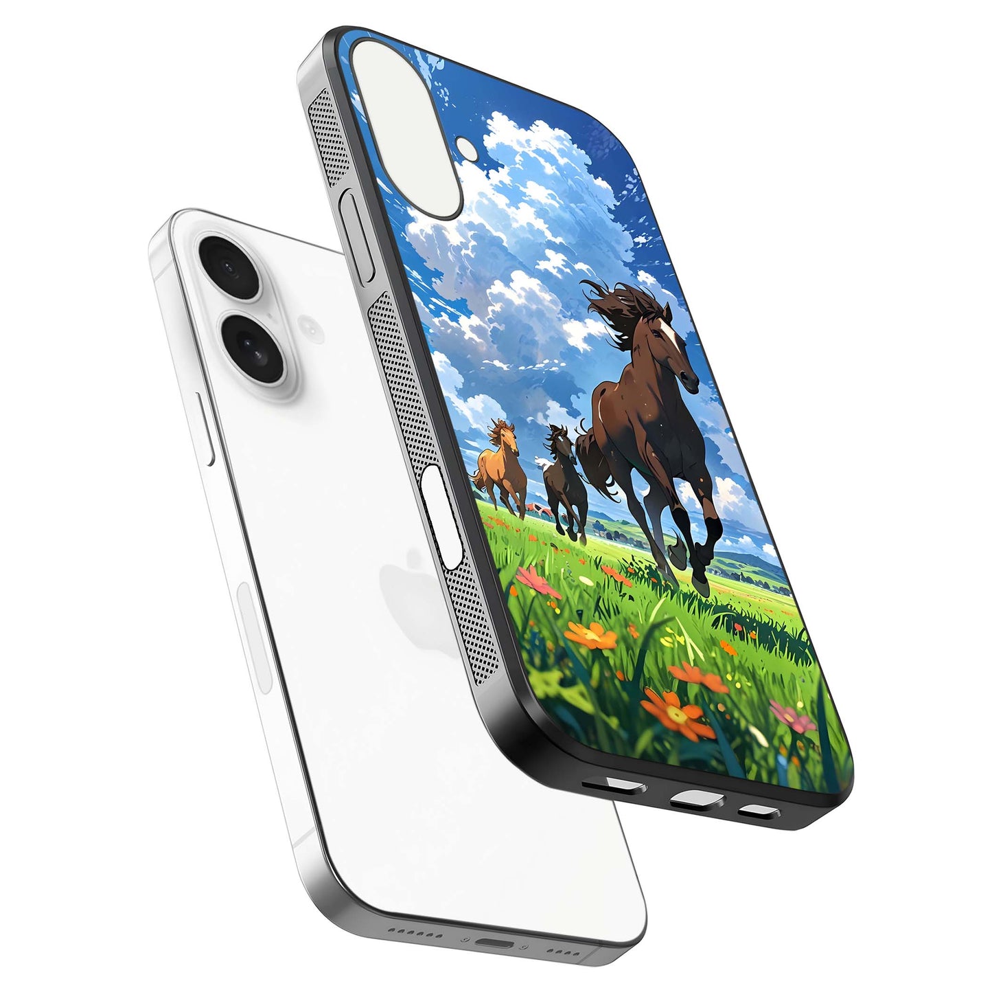 Majestic Horses Galloping Glass Case for iPhone 17 floating dual-view mockup showing gloss texture and vivid tones