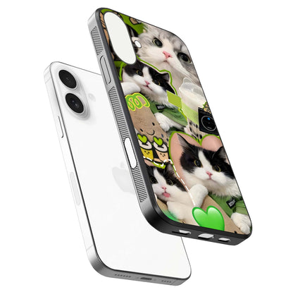 Matcha Cats Mood Glass Case for iPhone 17 floating dual-view mockup showing HD gloss surface and soft tones