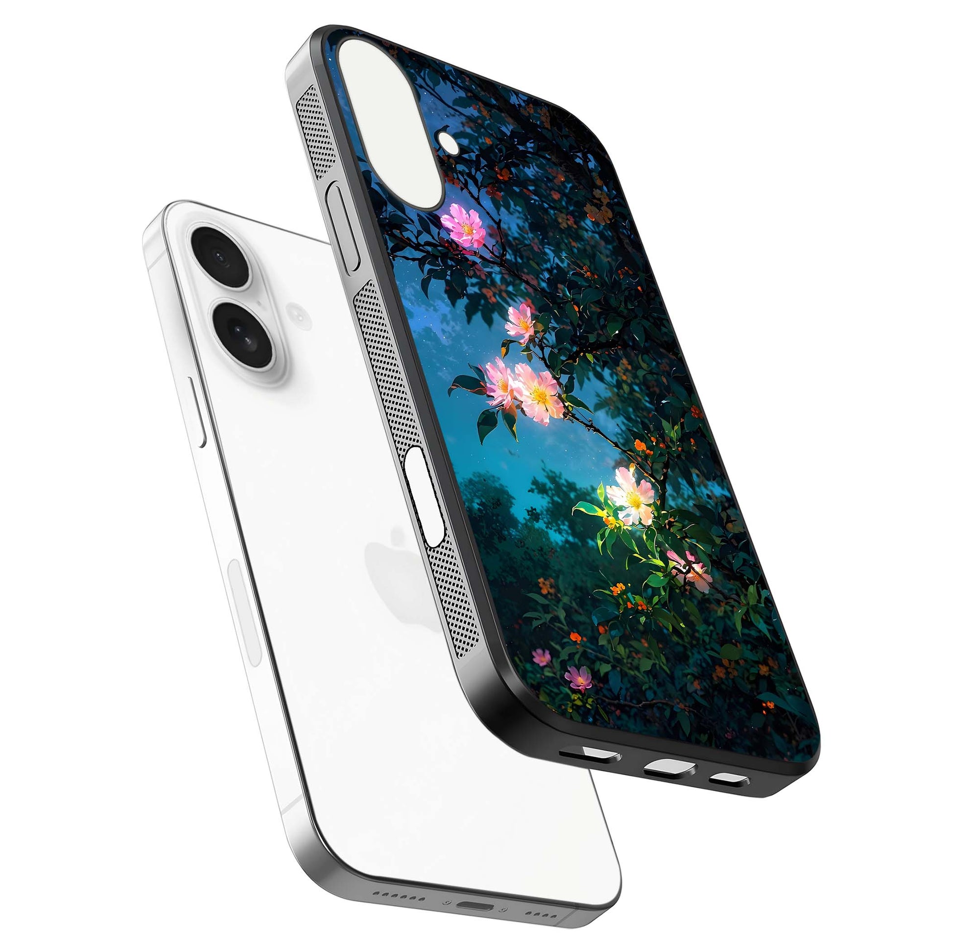Midnight Bloom Glow Glass Case for iPhone 17 floating dual-view mockup showing HD gloss and floral contrast