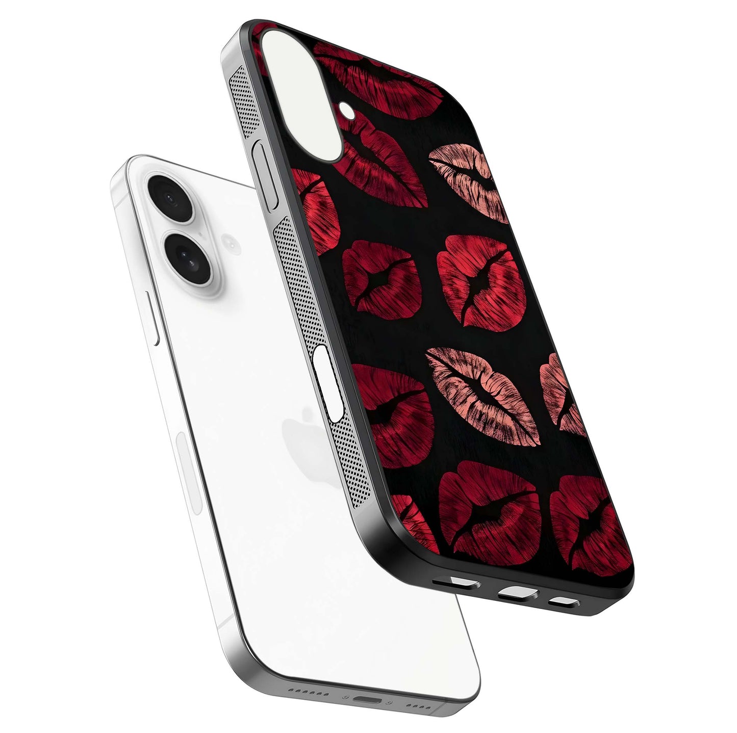 Midnight Kiss Love Glass Case for iPhone 17 floating dual-view mockup showing HD gloss and elegant edge design