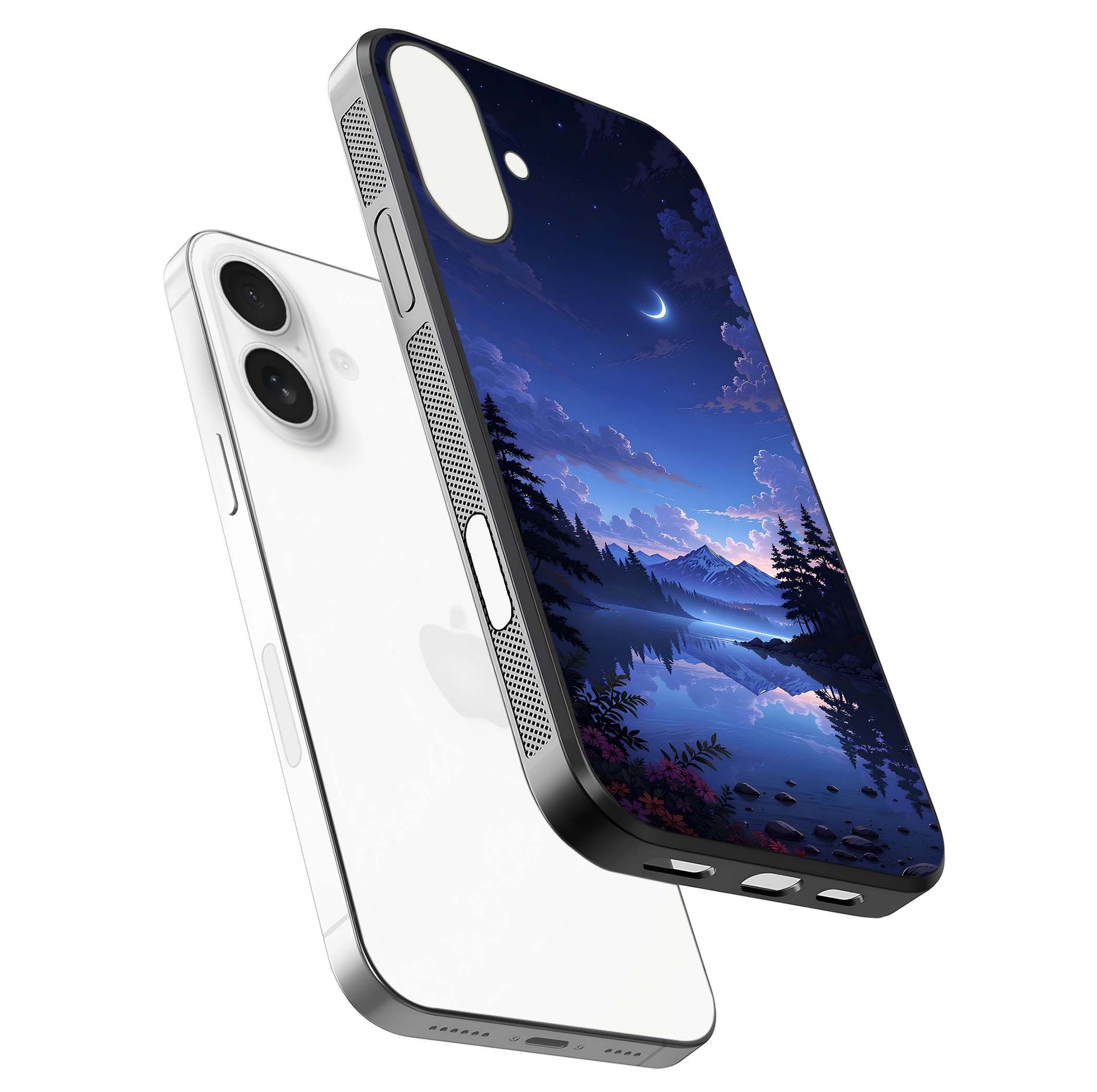 Midnight Lake Peace Glass Case for iPhone 17 floating dual-view mockup showing gloss finish and peaceful art
