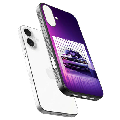 Midnight Muscle Ride Glass Case for iPhone 17 floating dual-view mockup showing glossy finish and shine depth