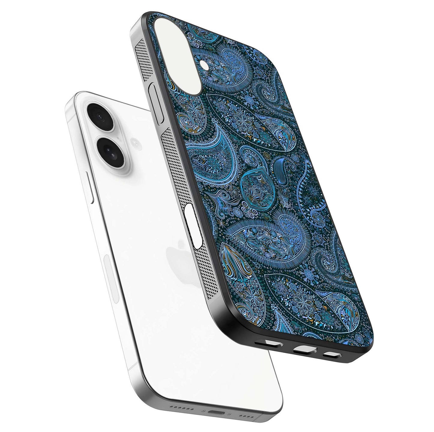 Midnight Paisley Glow Glass Case for iPhone 17 floating dual-view mockup showing HD gloss and rich pattern